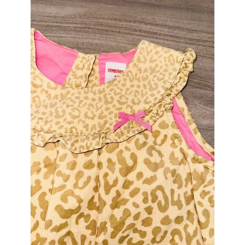 Gymboree Dress‎ Size 4T Beige Cheetah Animal Print Bow Accent Ruffled Collar N1